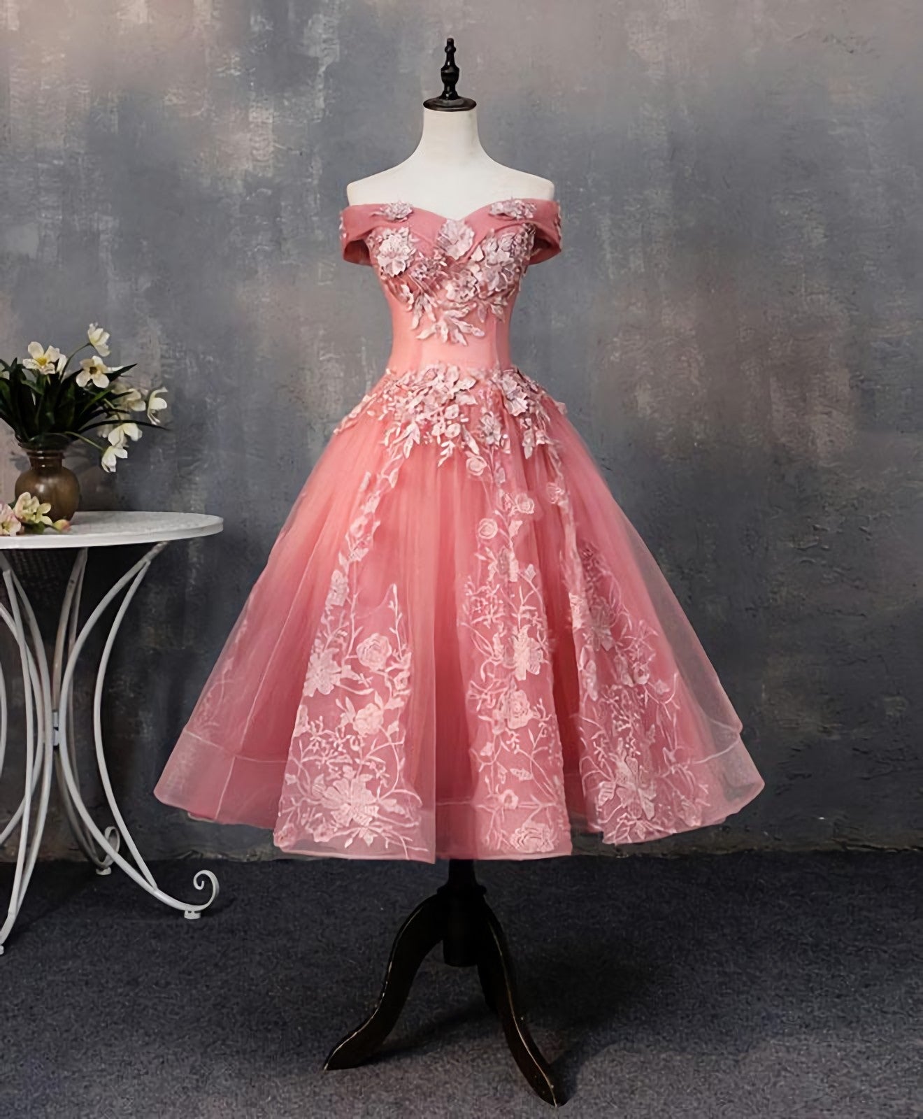 Homecoming Dress Inspo, Pink Tulle Lace Off Shoulder Short Prom Dress, Pink Homecoming Dress