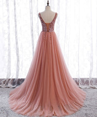 Homecoming Dresses With Tulle, Pink V Neck Tulle Sequin Long Prom Dress, Pink Formal Dress