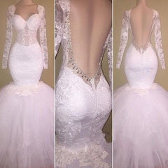 Wedding Dresses Under 506, sexy appliques backless mermaid wedding dress long sleeve wedding gown