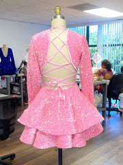 Party Dress For Cocktail, Pink Cocktail Dresses A-Line V-Neck Long Sleeve Shiny Sequin Homecoming Dresses