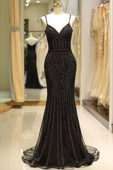 Prom Dresses Corset, Mermaid Spaghetti Strap Black Beading Long Prom Dress