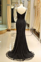 Prom Dress Outfits, Mermaid Spaghetti Strap Black Beading Long Prom Dress