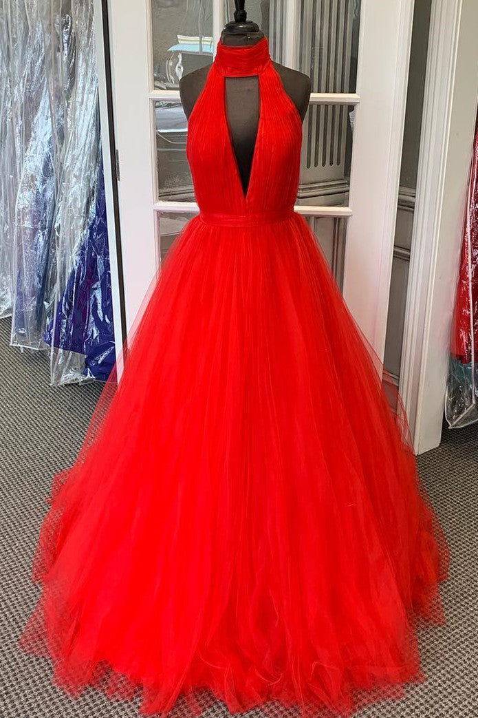 Formal Dress Shops Near Me, Halter Ruched Long Red Prom Dress with Open Back