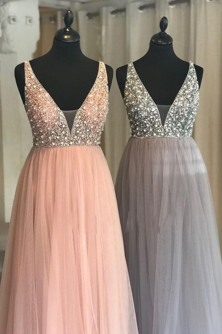 Bridesmaids Dresses Neutral, Princess Illusion V Blush Pink Prom Dress with Beading