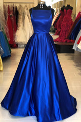 Formal Dress Australia, Hollow Out Royal Blue Satin Long Prom Dress