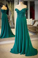 Prom Dresses Guide, Off the Shoulder A-Line Chiffon Emerald Green Prom Dress