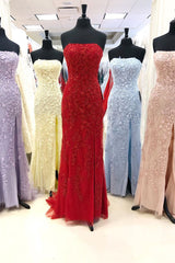 Formal Dress Winter, Strapless Light Blue Lace Long Prom Dress with Slit