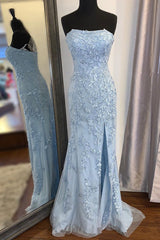 Formal Dresses Winter, Strapless Light Blue Lace Long Prom Dress with Slit