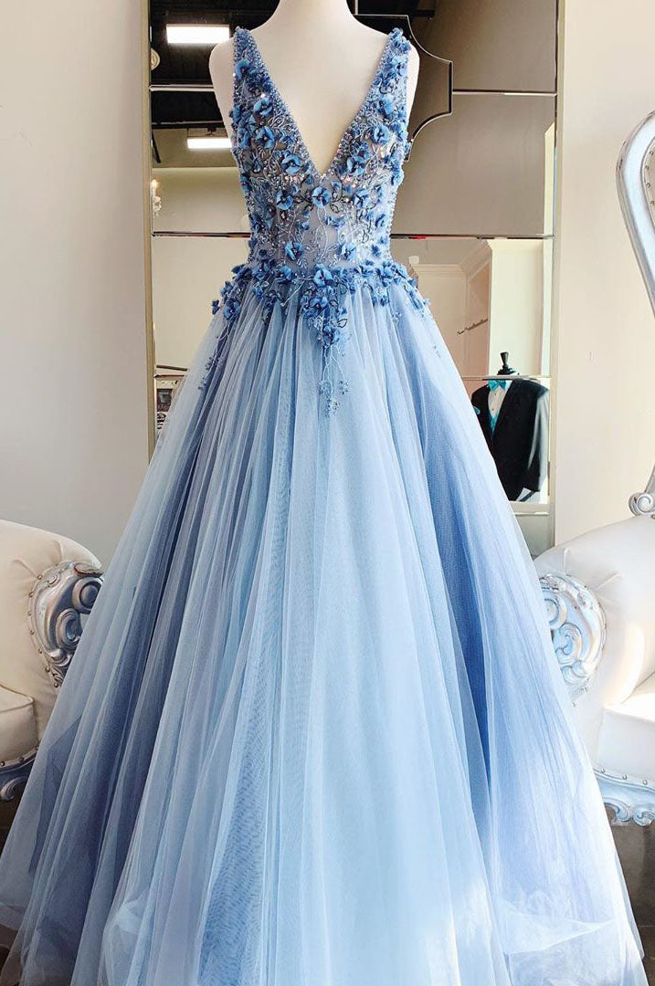 Bridesmaid Dresses Sleeveless, Princess Light Blue Beaded Long Prom Dress with Appliques