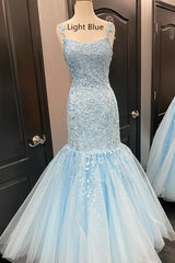 Formal Dress Attire For Wedding, Straps Mermaid Light Blue Lace Appliqued Long Prom Dress