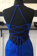 Party Dresses For Christmas, Elegant Lace-up Back Mermaid Royal Blue Long Lace Prom Dress