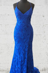 Party Dress Names, Elegant Lace-up Back Mermaid Royal Blue Long Lace Prom Dress