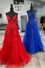 Glam Dress, Elegant V Neck A-Line Red Appliqued Long Prom Dress