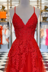 Party Dress Long Sleeve Mini, Elegant V Neck A-Line Red Appliqued Long Prom Dress