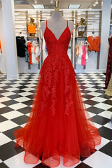 Graduation Outfit, Elegant V Neck A-Line Red Appliqued Long Prom Dress