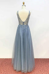 Evening Dress Elegant Classy, V Neck Misty Blue Long Formal Dress