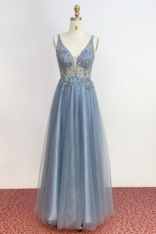 Evening Dresses Elegant Classy, V Neck Misty Blue Long Formal Dress