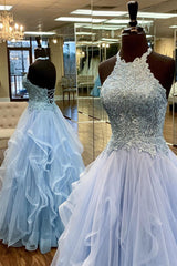 Party Dresses For Teenage Girl, Elegant A-Line Halter Appliques Light Blue Prom Dress