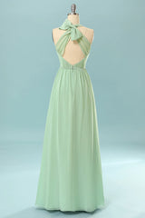 Formal Dress Store Near Me, Halter Mint Green Bridesmaid Dress with Bowknot