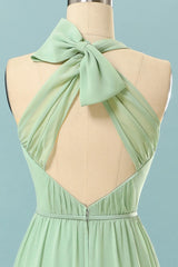 Formal Dresses Near Me, Halter Mint Green Bridesmaid Dress with Bowknot