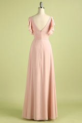 Party Dress Midi With Sleeves, Elegant V Neck Pleated Pink Bridesmaid Dress with Ruffles