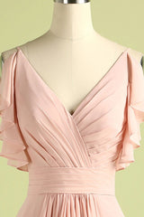 Fancy Outfit, Elegant V Neck Pleated Pink Bridesmaid Dress with Ruffles