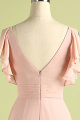 Backless Dress, Elegant V Neck Pleated Pink Bridesmaid Dress with Ruffles