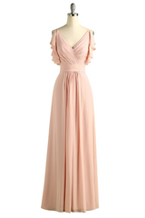 Strapless Prom Dress, Elegant V Neck Pleated Pink Bridesmaid Dress with Ruffles