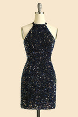 Formal Dress Cheap, Halter Sparkly Black Short Bridesmaid Dress with Sequins