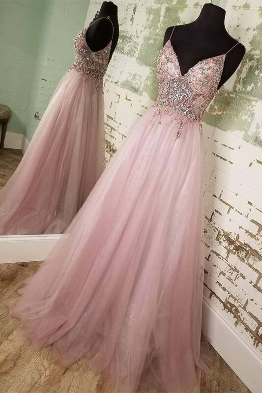 Formal Dresses With Tulle, Straps A-line Blush Beaded Long Formal Dress