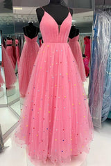 Bridesmaid Dresses For Winter Wedding, Princess A-line Hot Pink Tulle Long Prom Dress