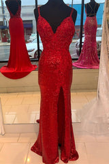 Formal Dresses Near Me, Sparkle Red Mermaid Sequined Prom Dress with Slit