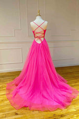 Formal Dress Long Sleeve, Straps Hot Pink Tulle Long Prom Dress