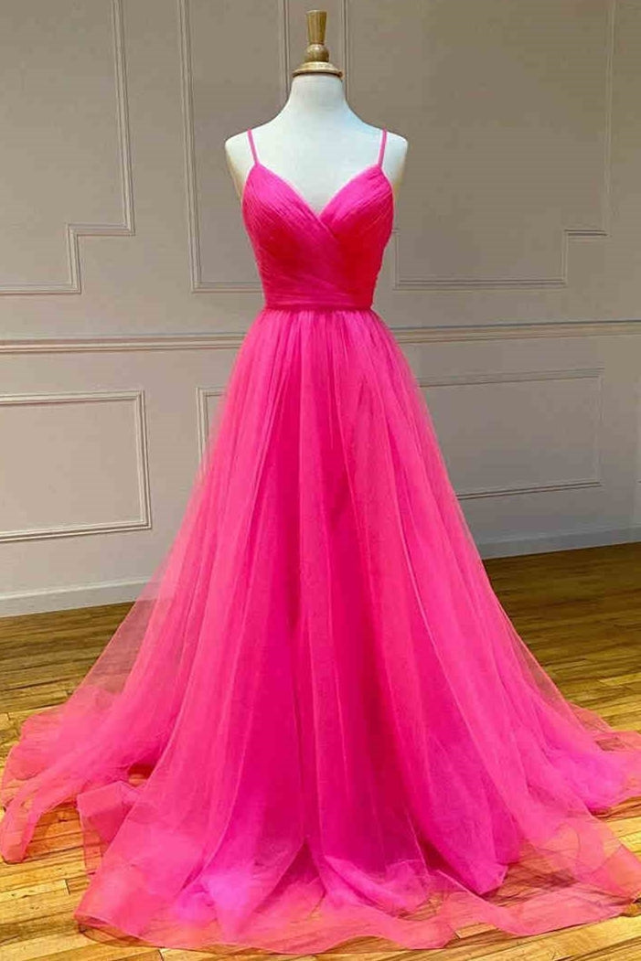 Formal Dresses Australia, Straps Hot Pink Tulle Long Prom Dress
