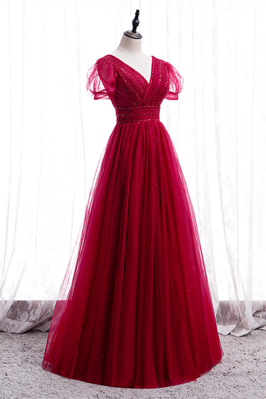 Prom Dress Long, Classic Red V-Neck Beaded Long Formal Dress