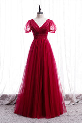 Pretty Prom Dress, Classic Red V-Neck Beaded Long Formal Dress