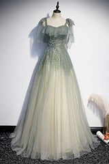 Bridesmaid Dress Champagne, Princess Dusty Green Beaded Formal Dress