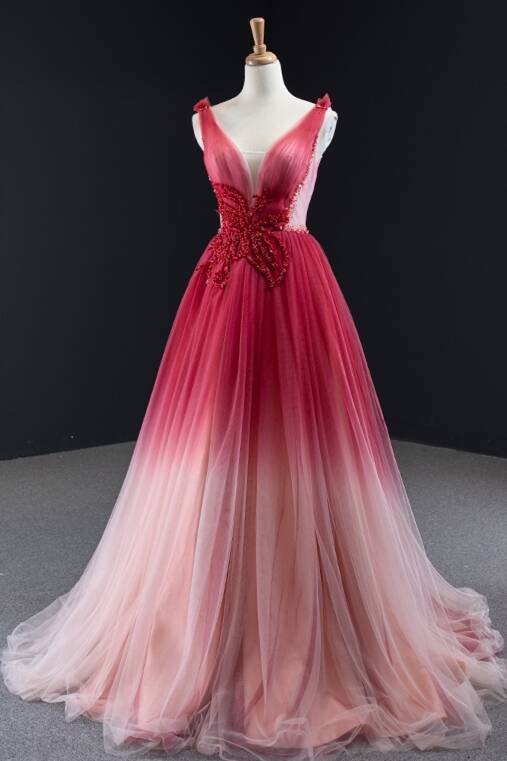 Prom Dresses Ball Gown Style, Ombre Red A-line Tulle Long Formal Dress