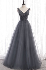 Spring Wedding Color, Classic A-line Grey Tulle Long Formal Dress