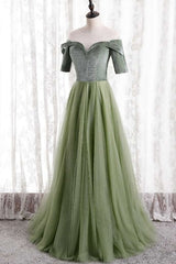 Silk Prom Dress, Short Sleeves Sage Green Long Formal Dress