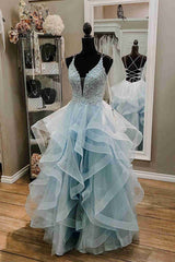 Formal Dresses For Wedding Guests, Straps Light Sky Blue Prom Dress with Ruffles