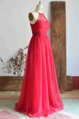 Prom Dress Champagne, A-Line Halter Hot Pink Long Bridesmaid Dress