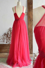 Prom Dress Corset Ball Gown, A-Line Halter Hot Pink Long Bridesmaid Dress