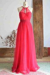 Prom Dress Fairy, A-Line Halter Hot Pink Long Bridesmaid Dress