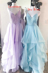 Party Dress Shiny, Elegant Light Blue Ruffled Tulle Prom Dress