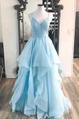 Party Dresses For Girls, Elegant Light Blue Ruffled Tulle Prom Dress