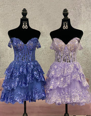 Formal Dress Lace, Cute A-Line Tiered Short Homecoming Dress With Appliques