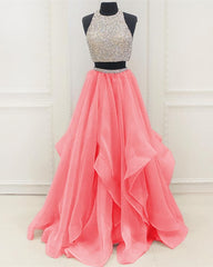 Wedding Dress For Bride, Sequins Beaded Organza Layered Two Piece Ball Gowns Prom Dress