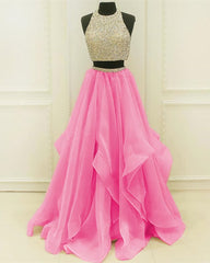 Wedding Dresses For Bride, Sequins Beaded Organza Layered Two Piece Ball Gowns Prom Dress