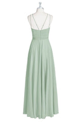 Party Dress With Glitter, Sage Green Chiffon Halter A-Line Long Bridesmaid Dress